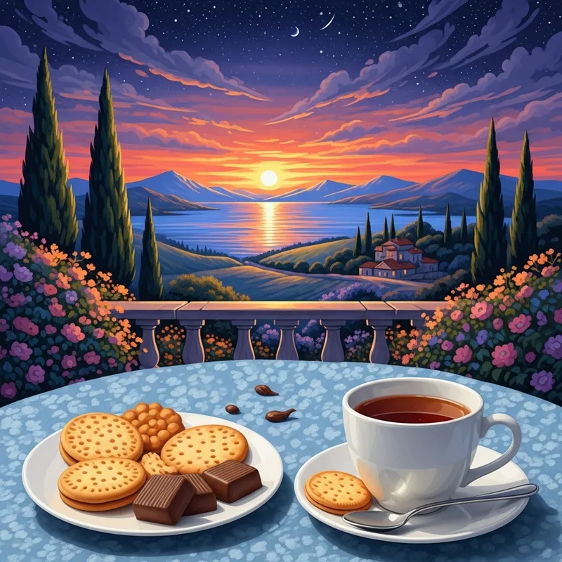 Enchanting Tea Time Illustration | Starry Night Landscape