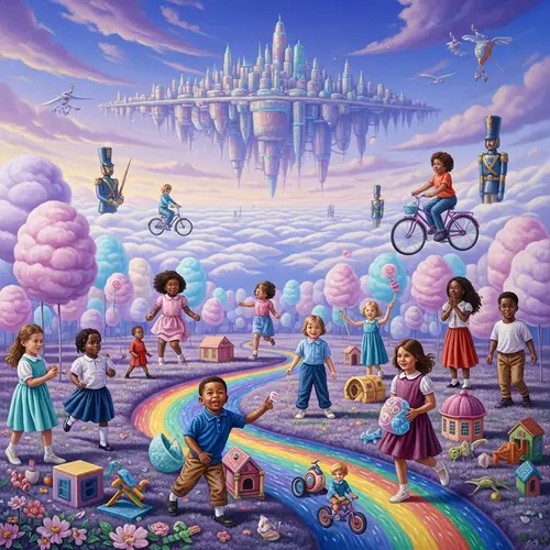 Surrealistic Oil Painting of Diverse Children Playing in Dreamlike World