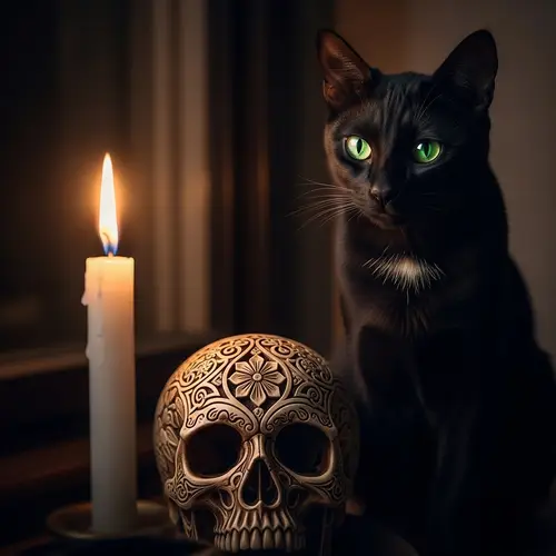 Lit Candle, Sleek Cat and Carved Skull - Mystical Atmosphere