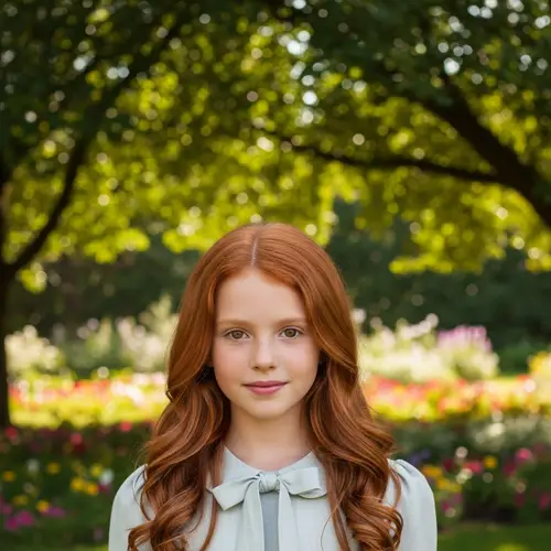 Vibrant Red-Haired 10-Year-Old Girl in Serene Garden