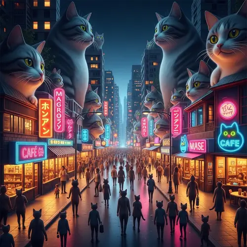 Cat City: Neon Nighttime Scene with Cat Shaped Buildings