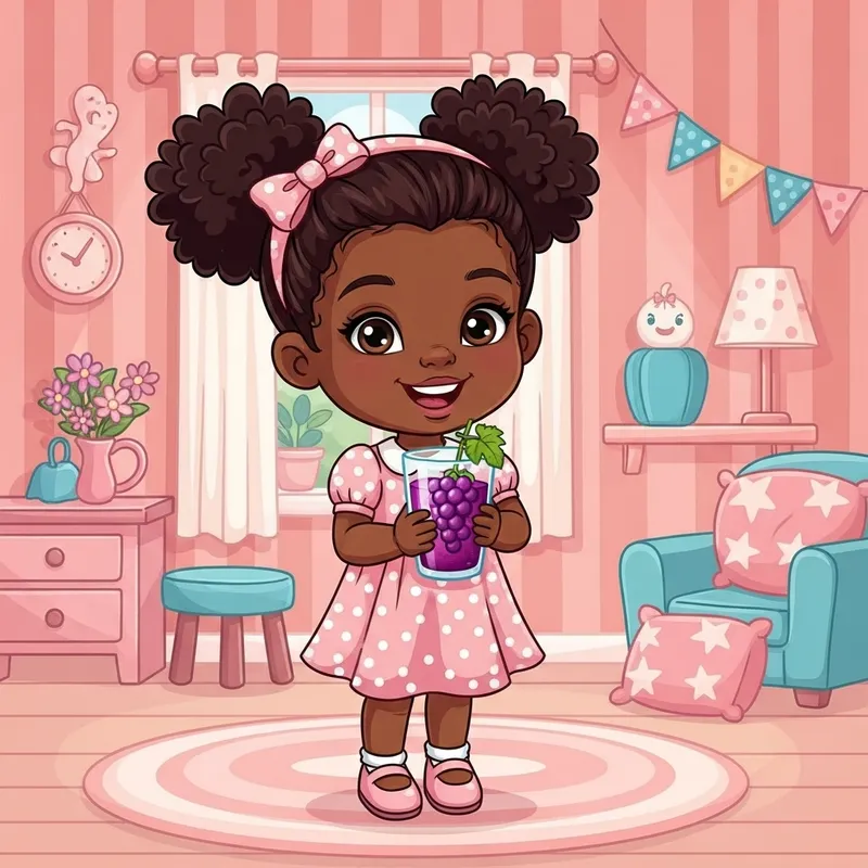 Charming Cartoon Girl Enjoying Grape Juice