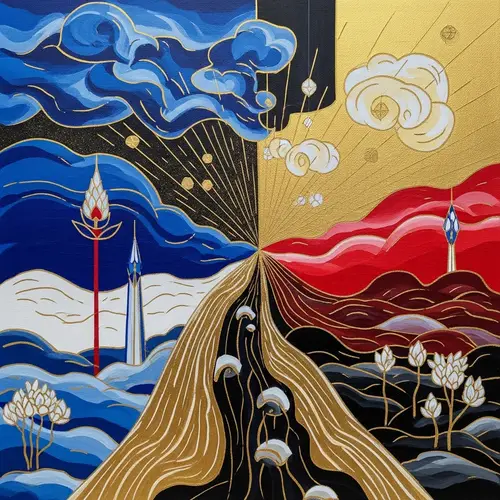 Vibrant Scene: Blue, Red, Black, White & Gold Radiance