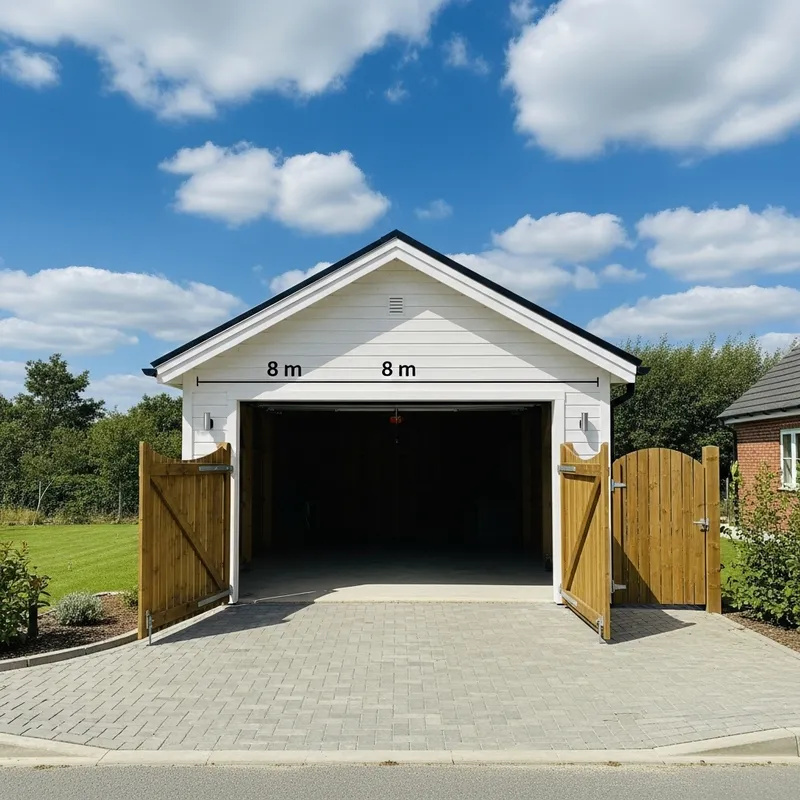 Spacious White Garage with Pitched Gable Roof & Wooden Gates