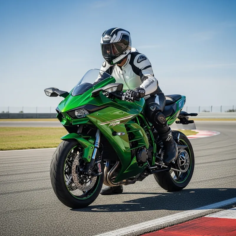 Sporty Kawasaki H2 Motorcycle with Rider on Racetrack
