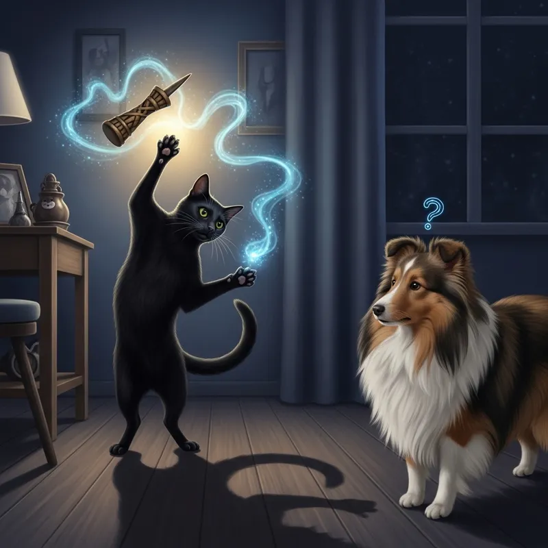 Enchanting Black Cat Performs Sorcery with Shetland Sheepdog