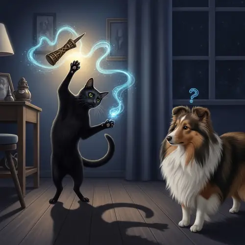 Mystifying Sorcery Scene with Black Feline and Curious Sheepdog