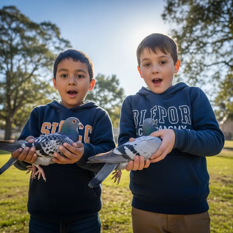 Capturing Pigeons: Rewarding Moment for Timofey and Matvey Capturing Pigeons: Rewarding Moment for Timofey and Matvey