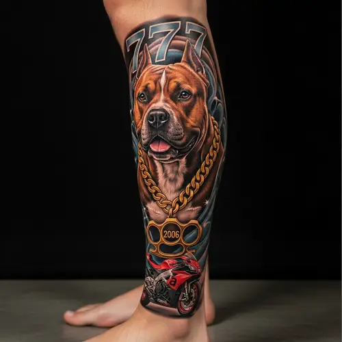 Intricate Leg Tattoo Design with Amstaff Dog and Aprilia RSV4 Elements