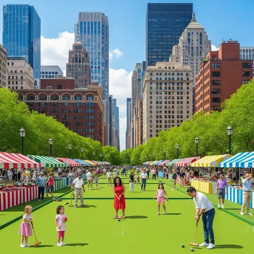 Vibrant City Croquet Scene with Diverse Players and Lush Parks