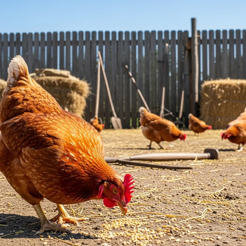 Rustic Hen Pecking Grains in Farmyard Scene