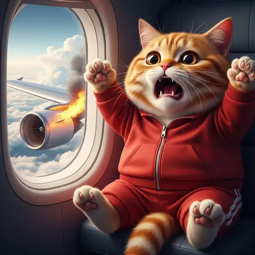 Hyperrealistic Cartoon Cat in Red Track Suit Sees Airplane Engine Ablaze