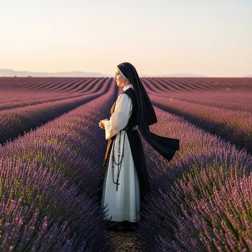 Hispanic Nun Amidst Lavender Fields | Tranquil Scene