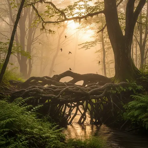 Golden Morning in Enchanted Forest - Tranquil Nature Scene