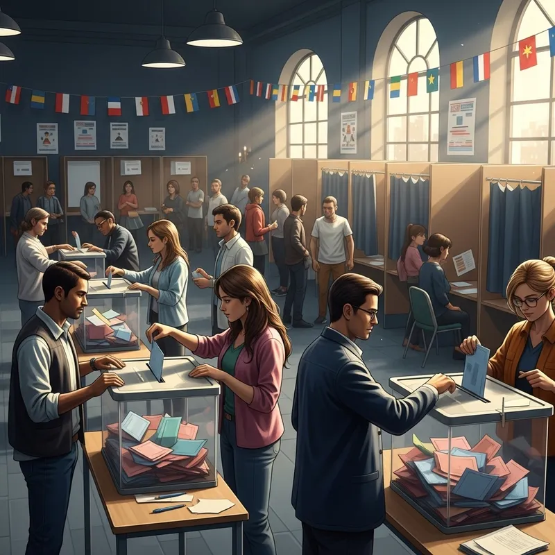 Political Scene with Voters, Ballot Boxes, and Voting Public Political Scene with Voters, Ballot Boxes, and Voting Public