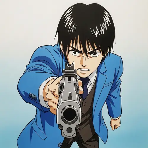 Intense Hand-Drawn Anime Scene with Male Character Holding Firearm