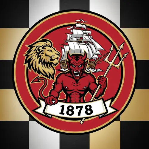 Official Devil Football Team Emblem 1878 - Red Ship, Lion, Checkerboard Design