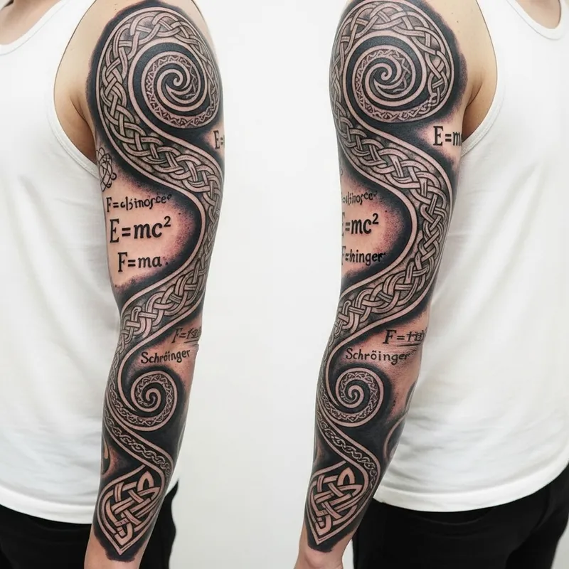 Viking-Inspired Scientific Tattoo from Shoulder to Wrist