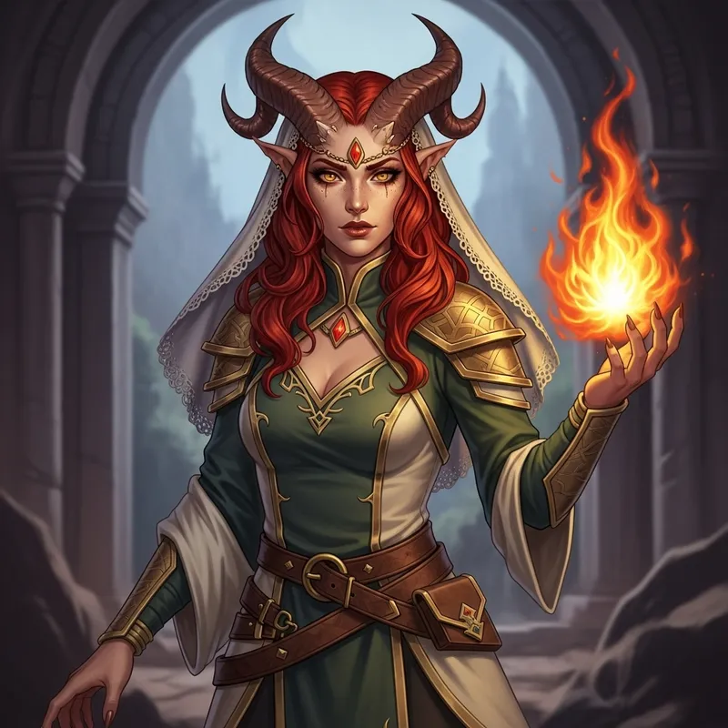 Captivating Tiefling Woman: Fiery Red Hair & Cleric Outfit