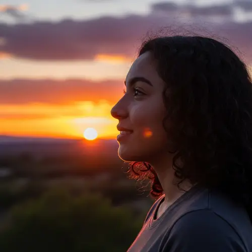 Tranquil Sunset Scene - Hispanic Teenage Girl Watching Sunset
