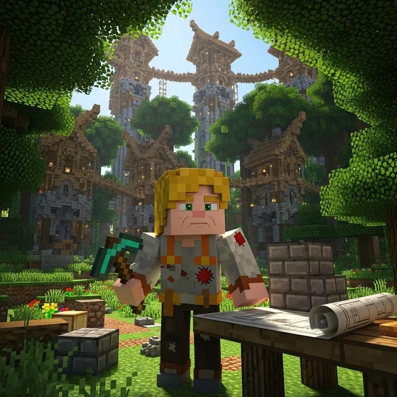 Elderly Minecraft Builder in a Lush Forest