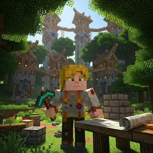 Elderly Minecraft Builder in a Lush Forest