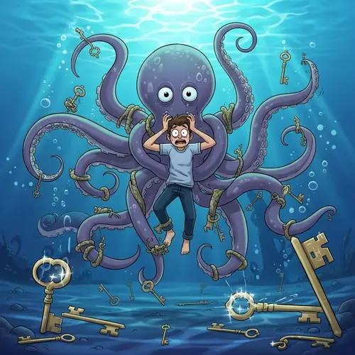 Giant Octopus with Tails Captures Person in Colorful Ocean