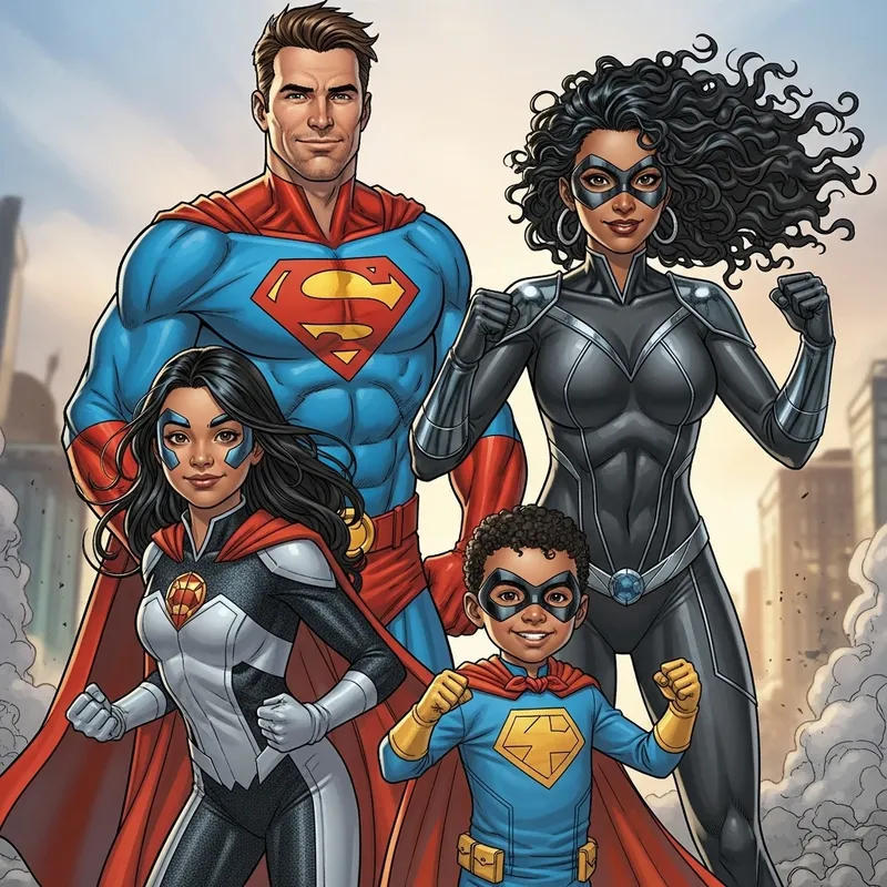 Superhero Family of Four - Colorful Comic Book Artwork
