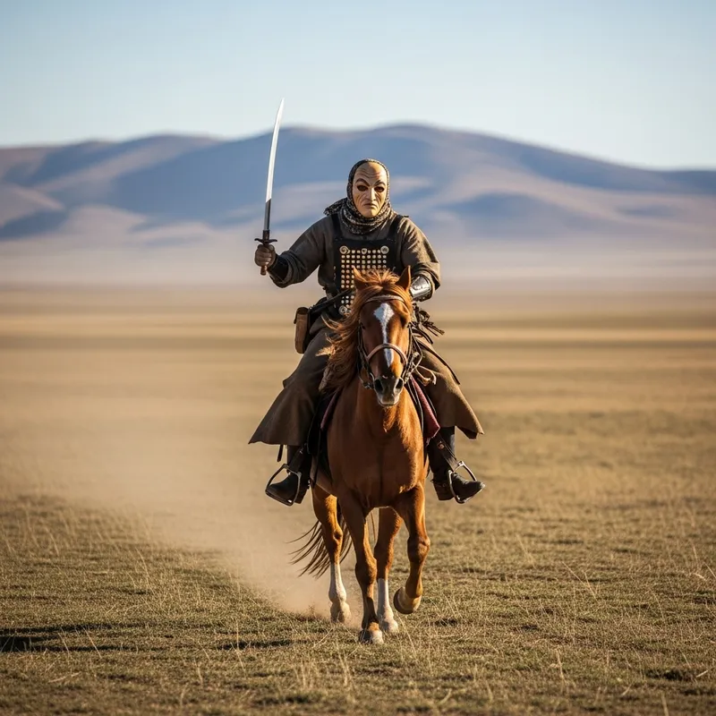 Masked Figure Riding Horse - Mysterious Scene on the Plains