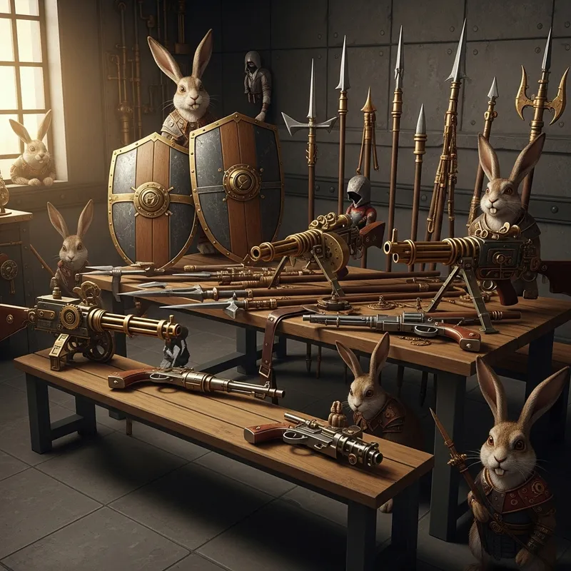 Intricate Steampunk Security Room with Weapons, Shields, and Rabbit Warriors