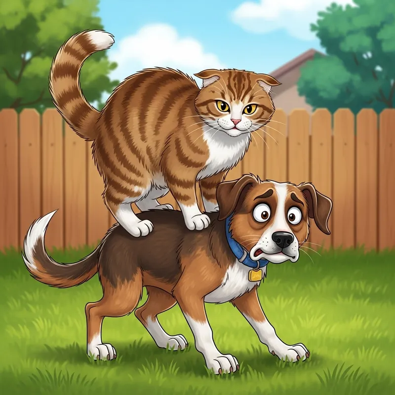 Cat Angry on Dog - Suburban Backyard Scene