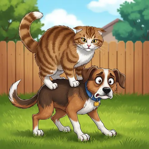 Cat Shows Anger on Worried Dog - Suburban Backyard Scene