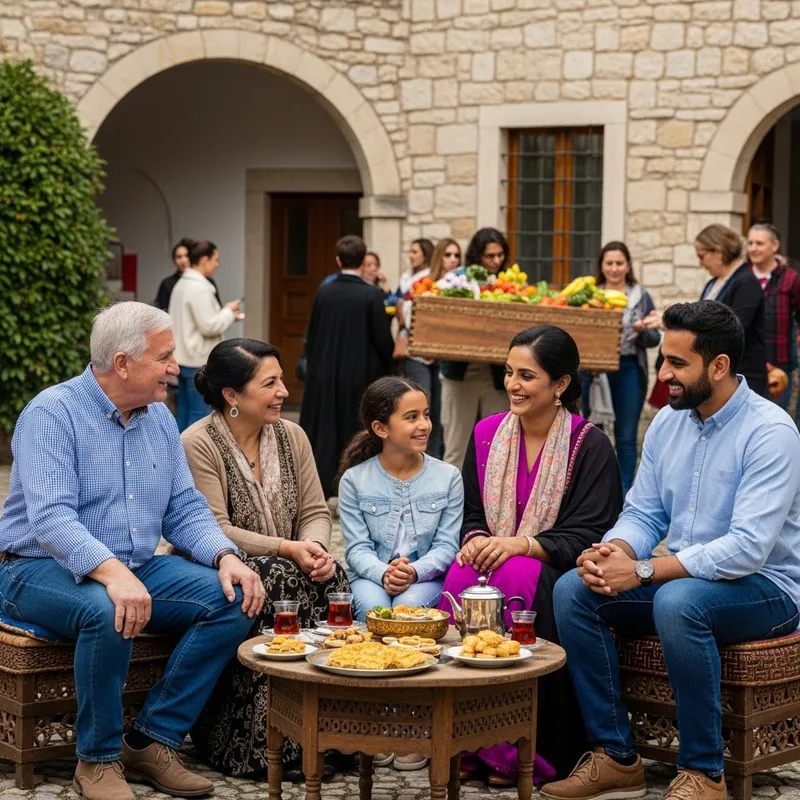 Multigenerational Family Enjoying Baklava in Vibrant Village Gathering