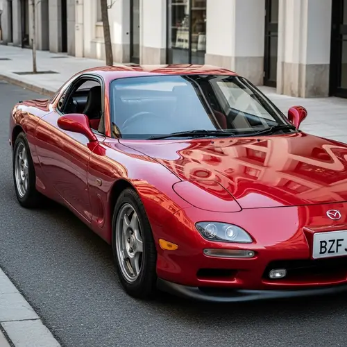 Sleek Mazda RX-7 Sports Car in Vibrant Red | City Street Scene