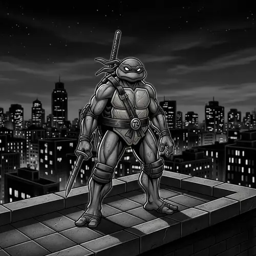 Ninja Turtle Rooftop Tattoo Art | Monochromatic City View