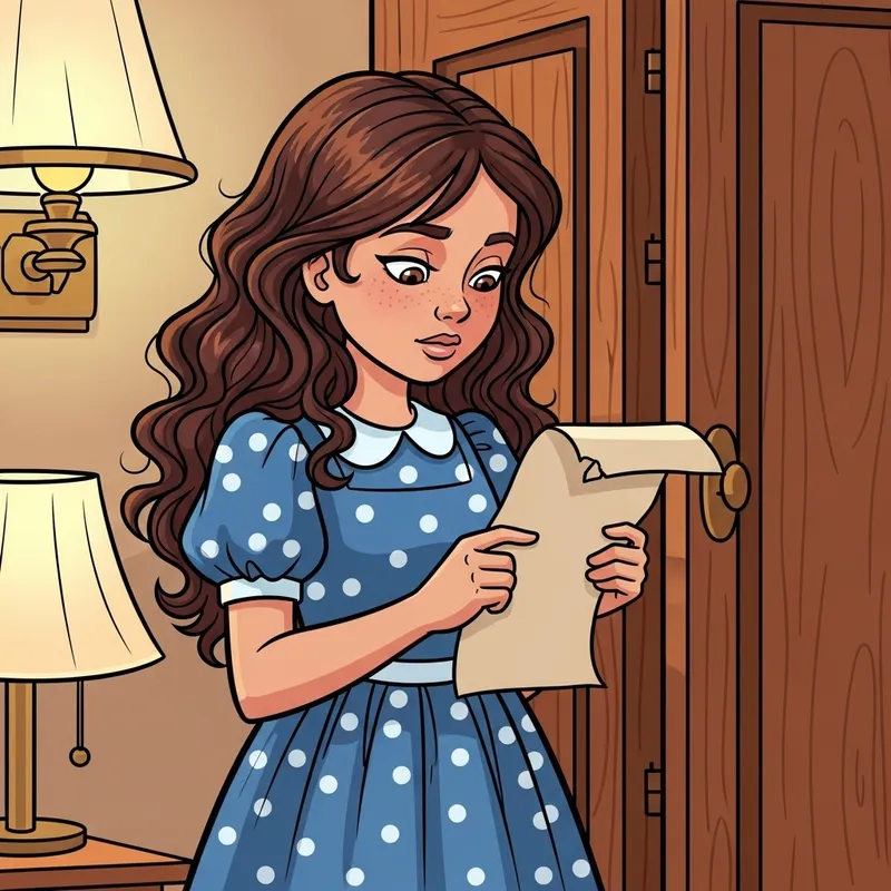 Cartoon Style Girl by Wooden Closet | Cute Curly-Haired Caucasian Girl Reading Note