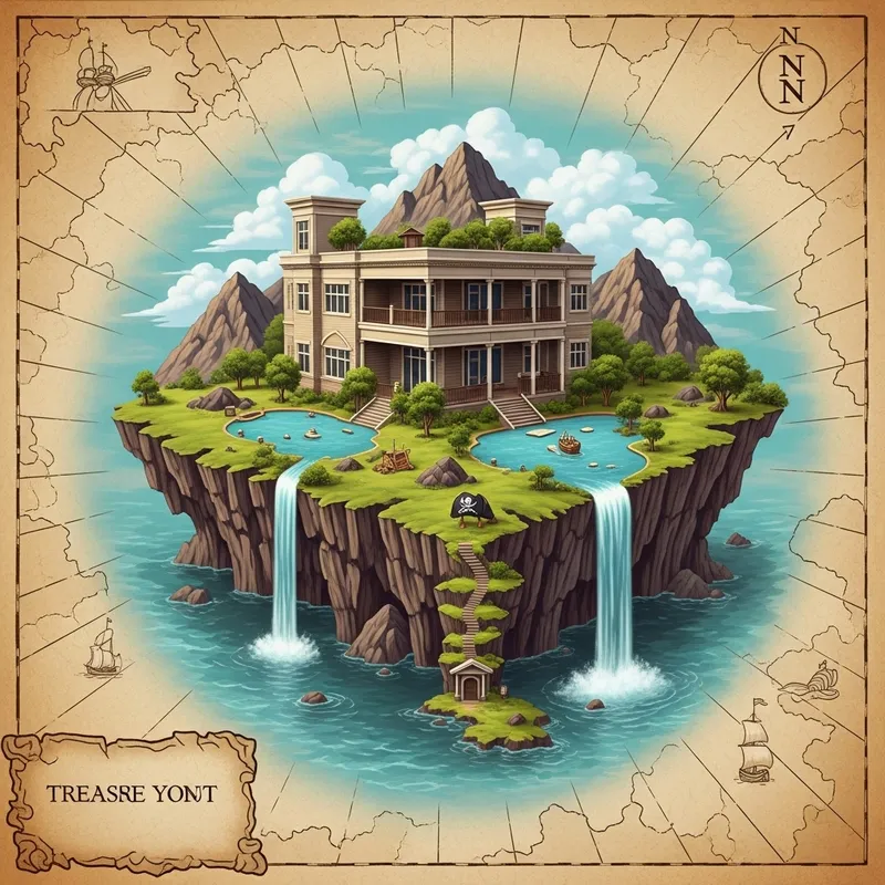 Corporate Party Venue: Pirate Island Treasure Map with Waterfall & Bays