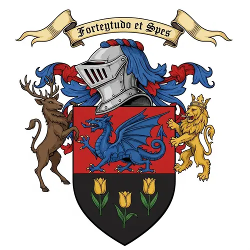 Intricate Family Crest with Blue Dragon, Golden Tulips, Stag, Lion and Latin Motto