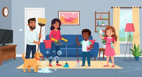 Cheerful Family Cleaning | Cartoon-style Home Cleanup