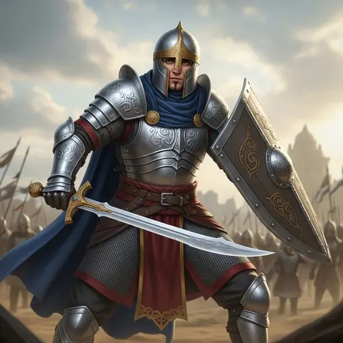 Middle-Eastern Paladin in Battle Stance with Sword and Shield