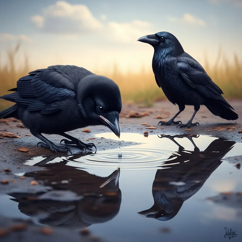 Strong Baby Crow and Adult Crow in Photorealistic Fantastic Realism