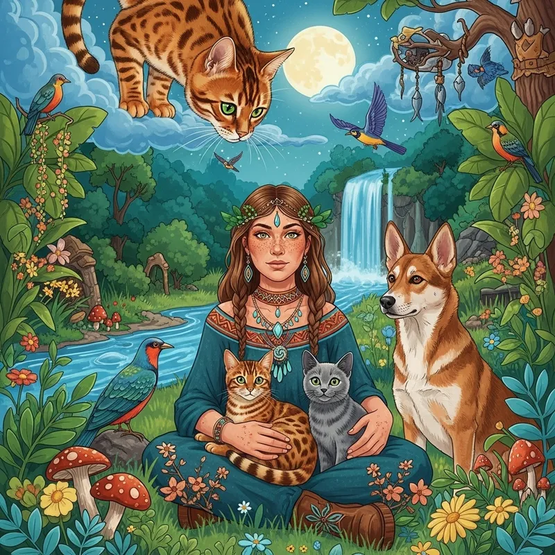 Bengal Cat Shaman Scene with Animals and Nature Spirits