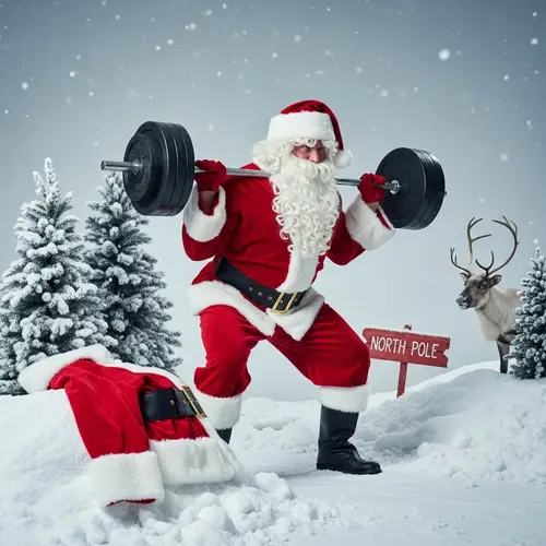Caucasian Santa Claus Training for Christmas in Snowy Landscape