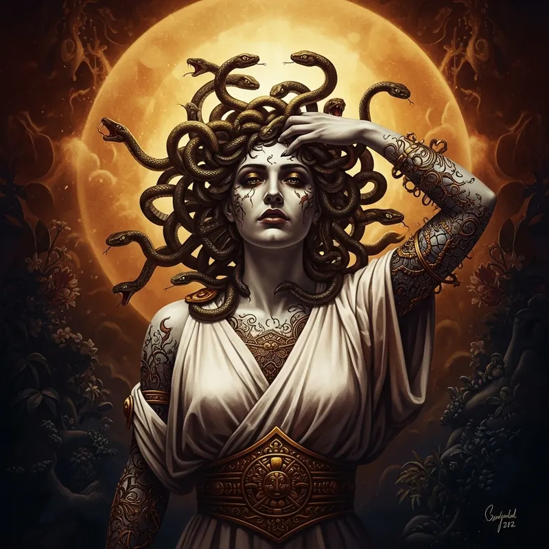 Medusa's Serpent Hair Transformation: Vibrant Digital Illustration