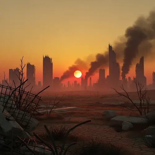 Apocalyptic Background with Desolate Landscapes and Fiery Sky