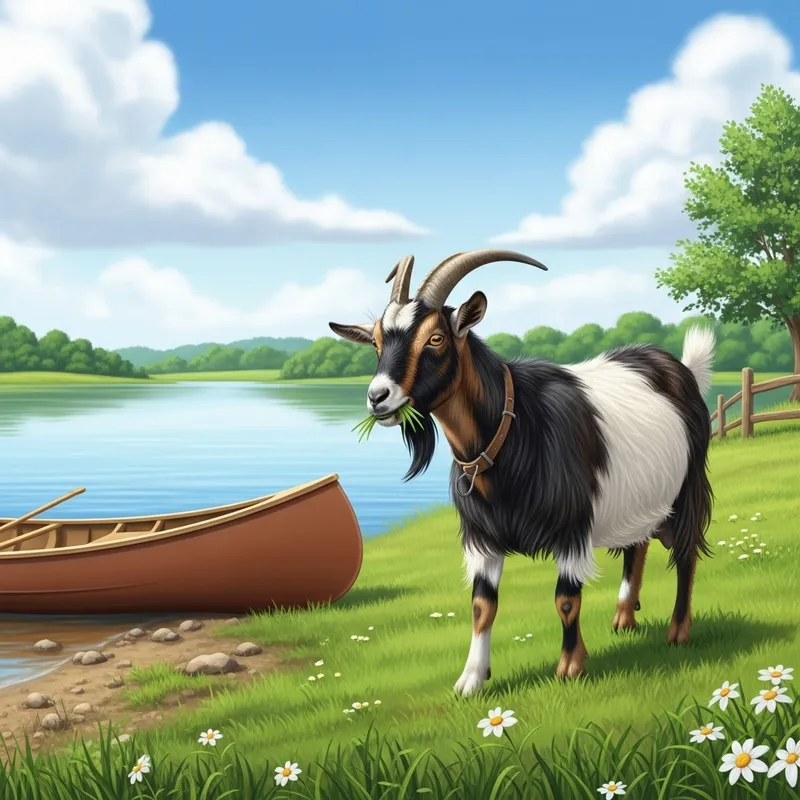 Tranquil Lake Scene with Peaceful Goat Grazing | Rural Beauty