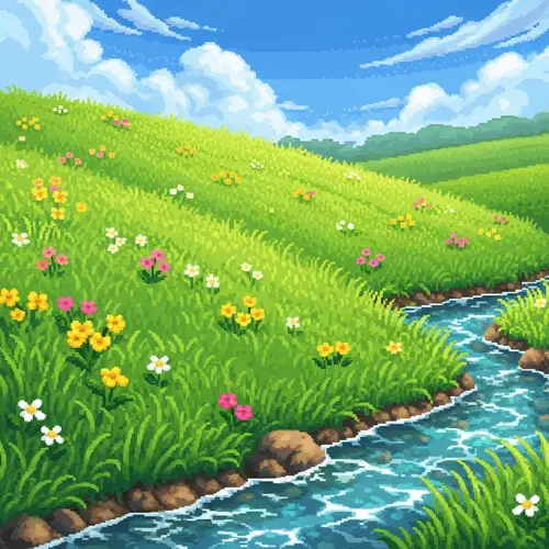 Vibrant Game-Styled Meadow in 16-Bit Graphics