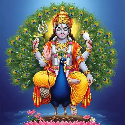 Lord Subramanya Seated on Peacock with Divine Spear | Serene & Brilliant Pose