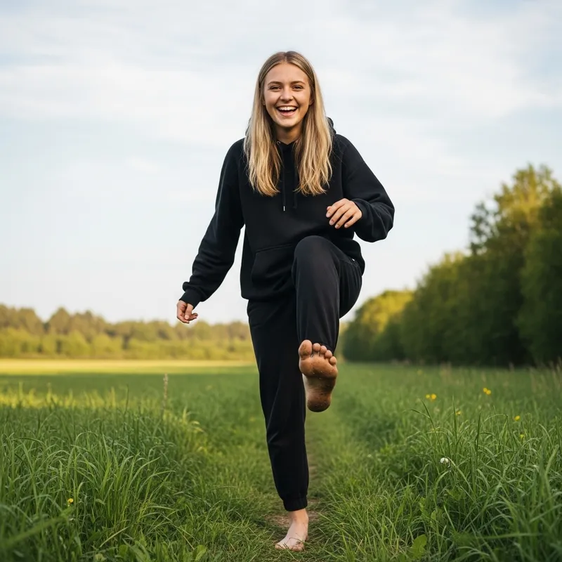 Giant Girl Playfully Stepping in a Lush Field