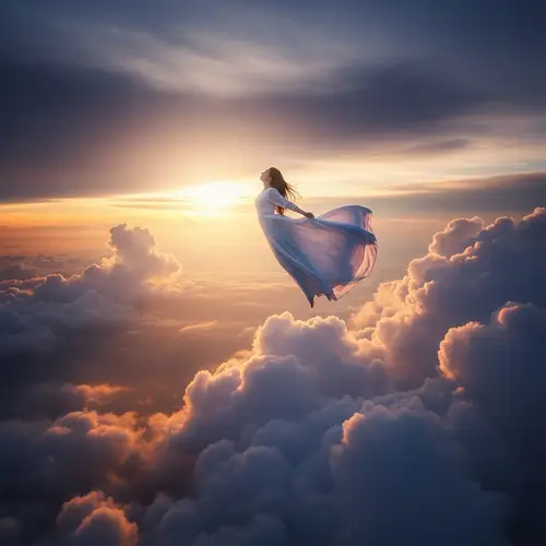 Woman Flying Over Clouds - Amazing Sky Adventure
